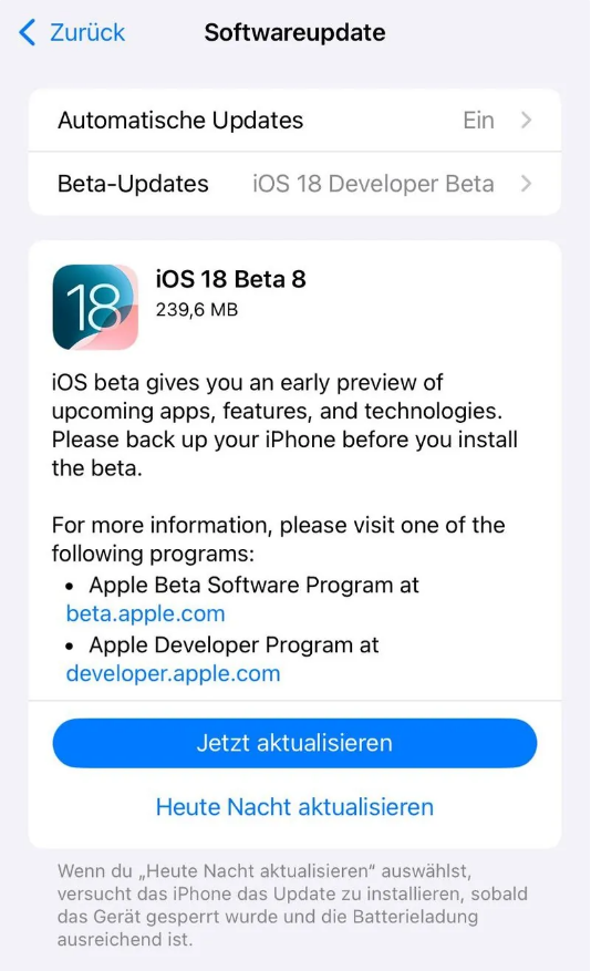 陆川苹果手机维修分享苹果 iOS / iPadOS 18 开发者预览版 Beta 8 发布 